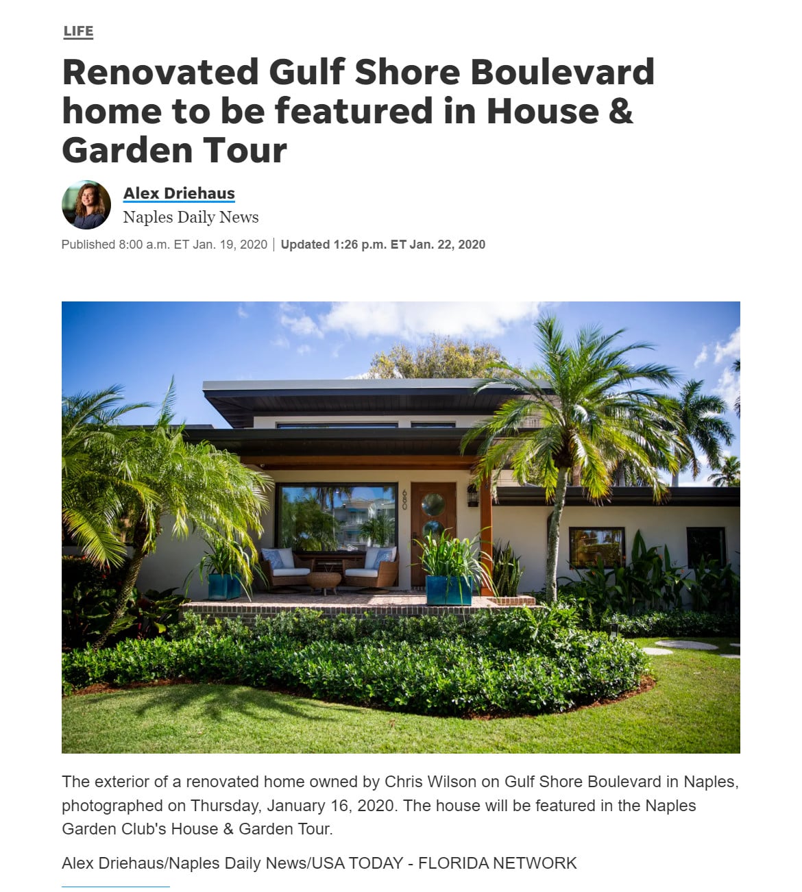 Screenshot image of Naples Daily News Article: 'Renovated Gulf Shore Boulevard home to be featured in House & Garden Tour'.